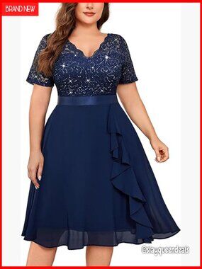 Women's Plus Size Sequined Lace V-Neck Midi Cocktail Party Dress Flowy